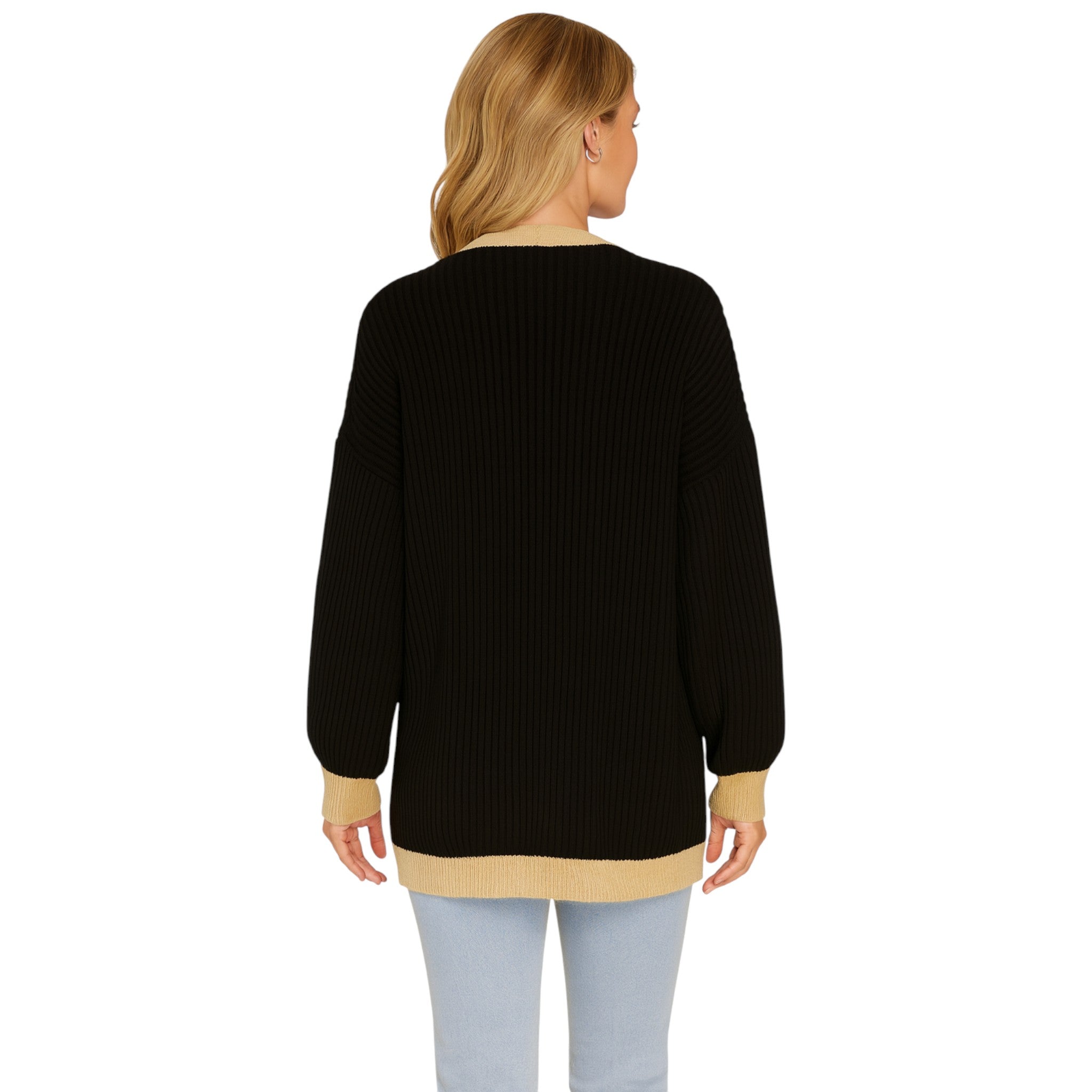 Ladies Italian edge to edge knitted cardigan in black with gold trim, soft ribbed knit open front cardigan for women, stylish lightweight layering knitwear.